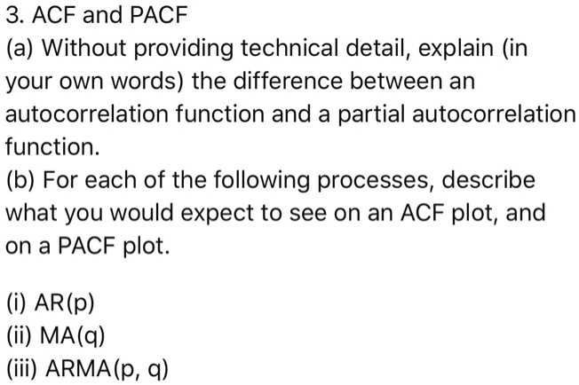 SOLVED: 3. ACF and PACF (a) Without providing technical detail, explain ...