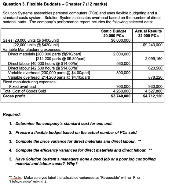 question 3 flexible budgets chapter 7 12 marks solution systems assembles personal computers pcs and uses flexible budgeting and a standard costs system solution systems allocates overhead b 14343