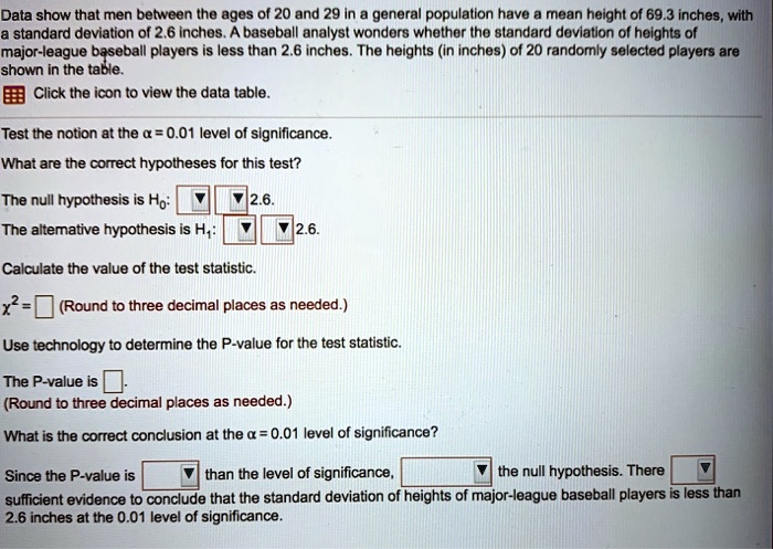 Data show that men between the ages of 20 and 29 in a general population have a mean height of 69.3 inches, with a standard deviation of 2.6 inches. A baseball analyst wonders whether the standard deviation of heights of major-league baseball players is less than 2.6 inches. The heights (in inches) of 20 randomly selected players are shown in the table.
Click the icon to view the data table.
Test the notion at the ? = 0.01 level of significance.
What are the correct hypotheses for this test?
The null hypothesis is H0: 2.6.
The alternative hypothesis is H1: 2.6.
Calculate the value of the test statistic.
?² = (Round to three decimal places as needed.)
Use technology to determine the P-value for the test statistic.
The P-value is .
(Round to three decimal places as needed.)
What is the correct conclusion at the ? = 0.01 level of significance?
Since the P-value is than the level of significance, the null hypothesis. There sufficient evidence to conclude that the standard deviation of heights of major-league baseball players is less than 2.6 inches at the 0.01 level of significance.