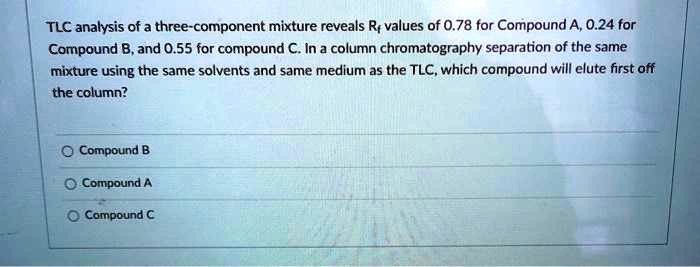 TLC analysis of a three-component mixture reveals R? values of 0.78 for ...