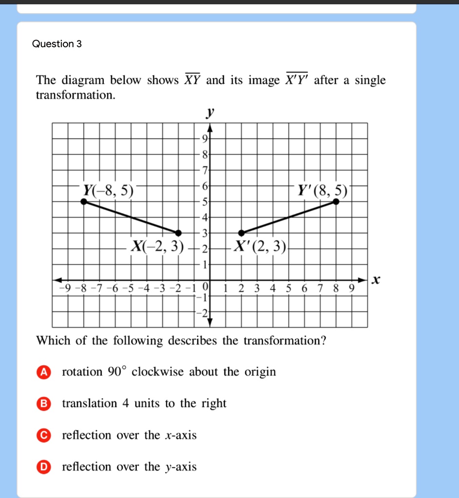 Solved Question 3 The Diagram Below Shows Xy And Its Image Xy After Single Transformation Y 5 Y 8 5 X 2 3 2 X 2 3 1 X 9 8 7 6 5 4 3 2 1 0 Solved Question 3 The Diagram Below Shows Xy And Its Image Xy After Single Transformation Y 5 Y 8 5 X 2 3 2 X 2 3 1 X 9 8 7 6 5 4 3 2 1 0