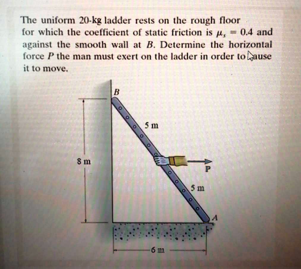 The uniform 20-kg ladder rests on the rough floor for which the coefficient of static friction is ?s = 0.4 and against the smooth wall at B. Determine the horizontal force P the man must exert on the ladder in order to cause it to move.