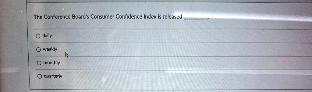 The Conference Board's Consumer Confidence Index is released

O daily
O weekly
O monthly
O quarterly