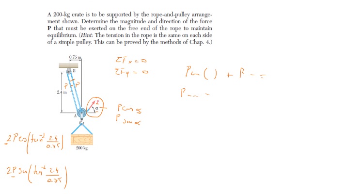 A 200-kg crate is to be supported by the rope-and-pulley arrangement shown. Determine the magnitude and direction of the force P that must be exerted on the free end of the rope to maintain equilibrium. (Hint: The tension in the rope is the same on each side of a simple pulley. This can be proved by the methods of Chap. 4.)