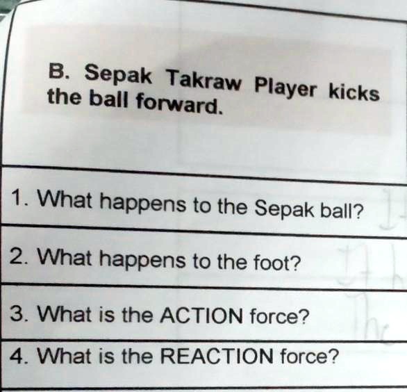 B. Sepak Takraw Player kicks the ball forward.
1. What happens to the Sepak ball?
2. What happens to the foot?
3. What is the ACTION force?
4. What is the REACTION force?