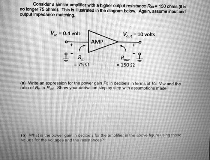 Consider a similar amplifier with a higher output resistance Rout = 150 ohms (it is
no longer 75 ohms). This is illustrated in the diagram below. Again, assume input and
output impedance matching.
Vin = 0.4 volt
Vout = 10 volts
AMP
Rin = 75 ?
Rout = 150 ?
(a) Write an expression for the power gain PG in decibels in terms of Vin, Vout and the
ratio of Rin to Rout. Show your derivation step by step with assumptions made.
(b) What is the power gain in decibels for the amplifier in the above figure using these
values for the voltages and the resistances?