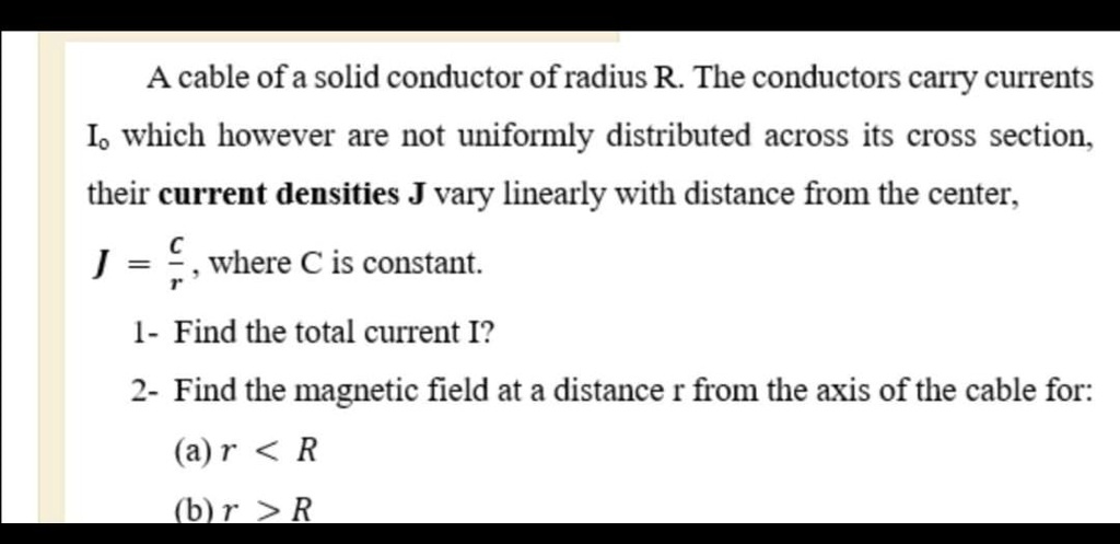 SOLVED: A cable of a solid conductor of radius R The conductors carry ...