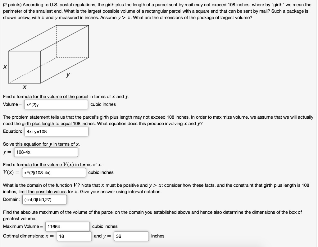 SOLVED points) According to U.S. postal regulations the girth plus the length of parcel sent by