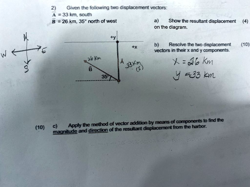 2) Given the following two displacement vectors:
A = 33 km, south
B = 26 km, 35° north of west
a) Show the resultant displacement
on the diagram.
b) Resolve the two displacement
vectors in their x and y components.
X = 26 km
Y = 33 km
c) Apply the method of vector addition by means of components to find the
magnitude and direction of the resultant displacement from the harbor.