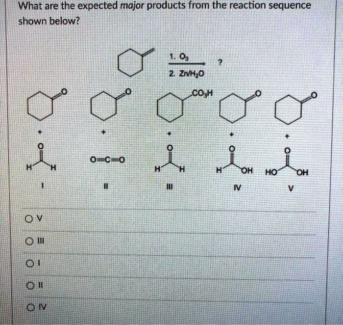 What are the expected major products from the reaction sequence shown below?
1. O3 / 2. Zn/H2O ?
CO3H
O=C=O
I II III IV V
V
III
I
II
IV