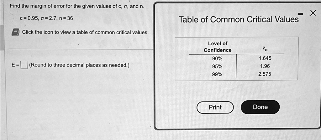 Find the margin of error for the given values of c, σ, and n.
c = 0.95, σ = 2.7, n = 36
Click the icon to view a table of common critical values.
E=  (Round to three decimal places as needed.)
Table of Common Critical Values
Level of
Confidence
zc
90%
1.645
95%
1.96
99%
2.575
Print
Done