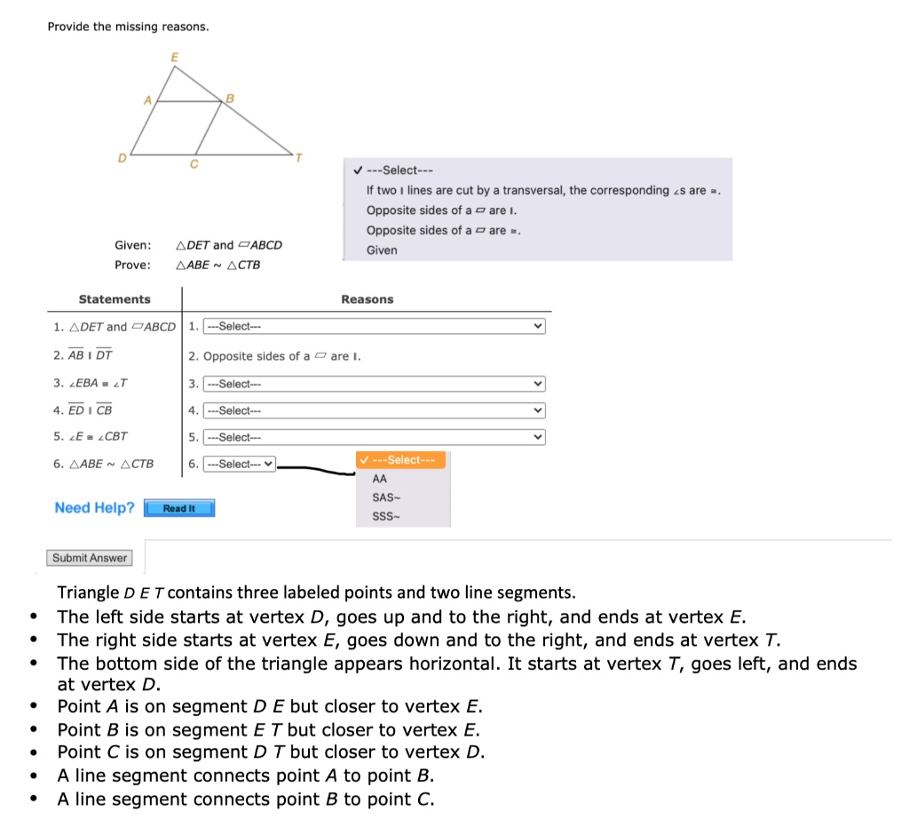 Solved Provide The Missing Reasons Select If Two Lines Are Cut By Transversal The Corresponding Z Are Opposite Sides Of 2 Are Opposite Sides Of Are Given Given Prove Adet And Cabcd