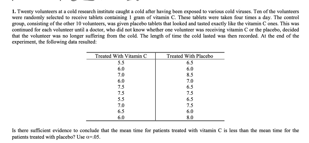 SOLVED: 1. Twenty volunteers at cold research institute caught