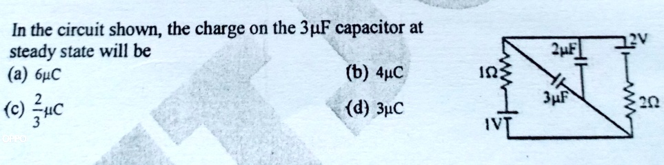 SOLVED: 'In the circuit shown the charge on the 3F capacitor at steady ...