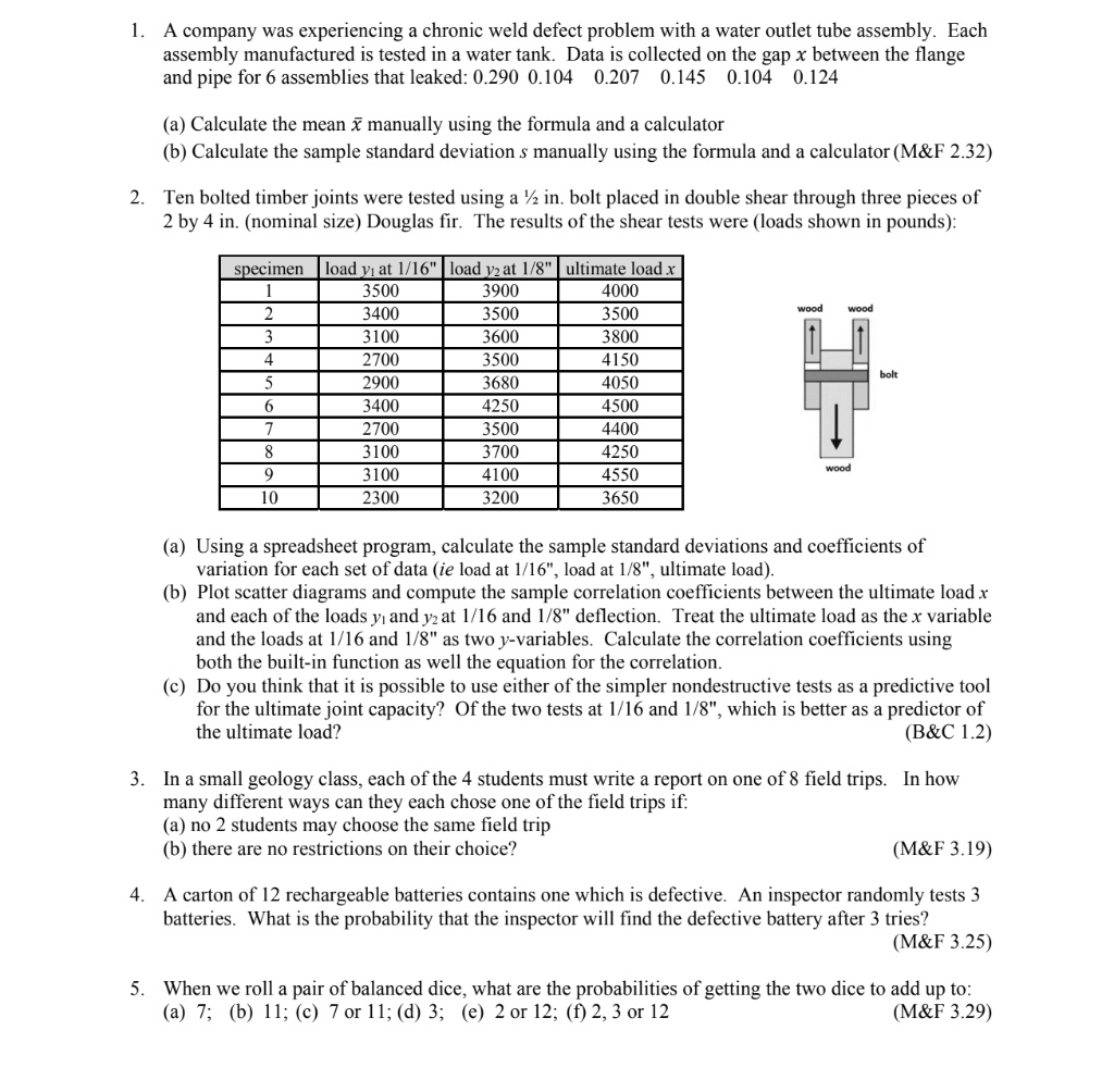 1. A company was experiencing a chronic weld defect problem with a water outlet tube assembly. Each assembly manufactured is tested in a water tank. Data is collected on the gap x between the flange and pipe for 6 assemblies that leaked: 0.290 0.104 0.207 0.145 0.104 0.124

(a) Calculate the mean x manually using the formula and a calculator
(b) Calculate the sample standard deviation s manually using the formula and a calculator (M   F 2.32)

2. Ten bolted timber joints were tested using a 1/2 in. bolt placed in double shear through three pieces of 2 by 4 in. (nominal size) Douglas fir. The results of the shear tests were (loads shown in pounds):

specimen | load y1 at 1/16" | load y2 at 1/8" | ultimate load x
1 | 3500 | 3900 | 4000
2 | 3400 | 3500 | 3500
3 | 3100 | 3600 | 3800
4 | 2700 | 3500 | 4150
5 | 2900 | 3680 | 4050
6 | 3400 | 4250 | 4500
7 | 2700 | 3500 | 4400
8 | 3100 | 3700 | 4250
9 | 3100 | 4100 | 4550
10 | 2300 | 3200 | 3650

(a) Using a spreadsheet program, calculate the sample standard deviations and coefficients of variation for each set of data (ie load at 1/16", load at 1/8", ultimate load).
(b) Plot scatter diagrams and compute the sample correlation coefficients between the ultimate load x and each of the loads y1 and y2 at 1/16 and 1/8" deflection. Treat the ultimate load as the x variable and the loads at 1/16 and 1/8" as two y-variables. Calculate the correlation coefficients using both the built-in function as well as the equation for the correlation.
(c) Do you think that it is possible to use either of the simpler nondestructive tests as a predictive tool for the ultimate joint capacity? Of the two tests at 1/16 and 1/8", which is better as a predictor of the ultimate load? (B   C 1.2)

3. In a small geology class, each of the 4 students must write a report on one of 8 field trips. In how many different ways can they each chose one of the field trips if:
(a) no 2 students may choose the same field trip
(b) there are no restrictions on their choice? (M   F 3.19)

4. A carton of 12 rechargeable batteries contains one which is defective. An inspector randomly tests 3 batteries. What is the probability that the inspector will find the defective battery after 3 tries? (M   F 3.25)

5. When we roll a pair of balanced dice, what are the probabilities of getting the two dice to add up to:
(a) 7; (b) 11; (c) 7 or 11; (d) 3; (e) 2 or 12; (f) 2, 3 or 12 (M   F 3.29)