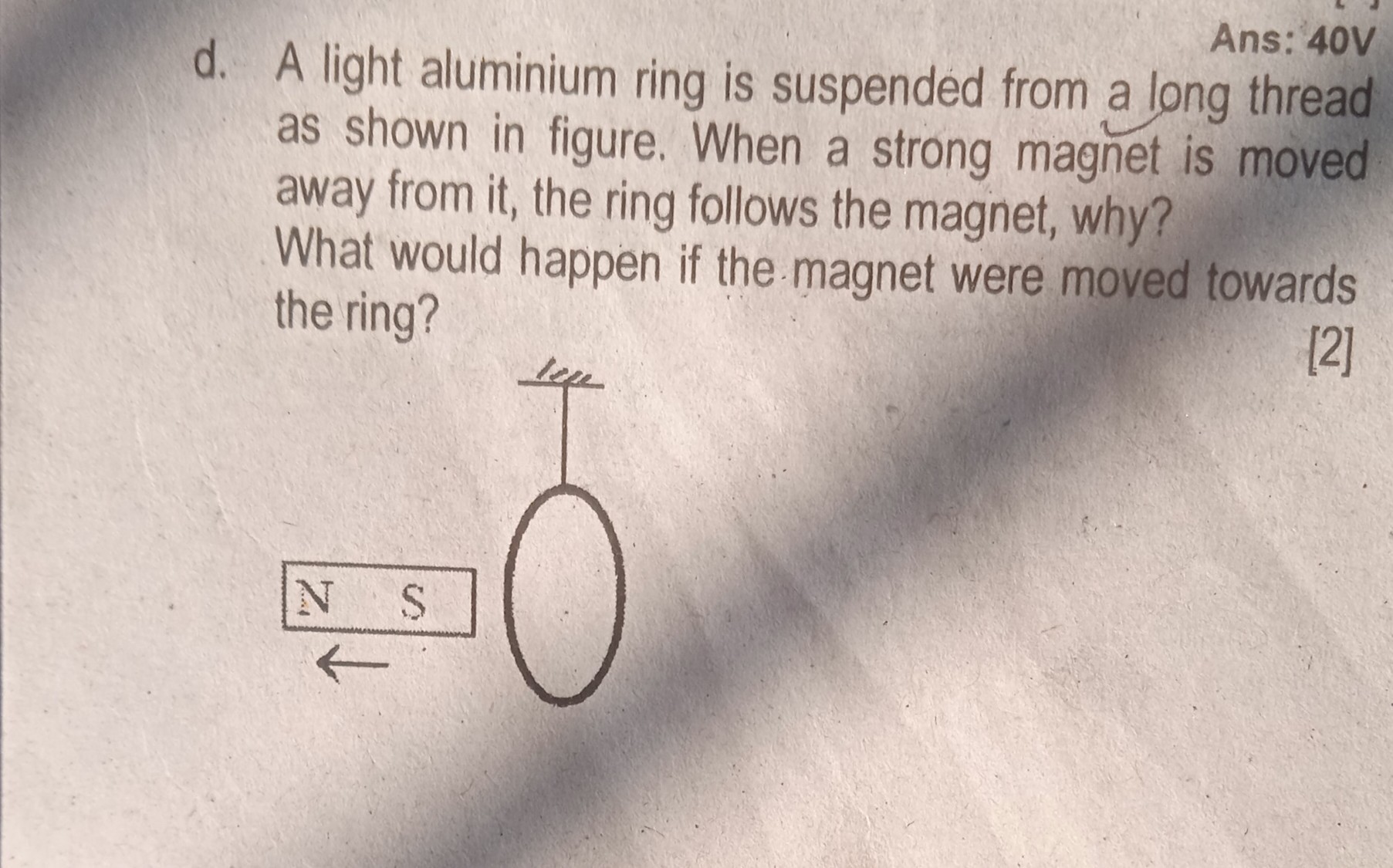 SOLVED: Ans: 40 V D. A Light Aluminium Ring Is Suspended From A Long ...