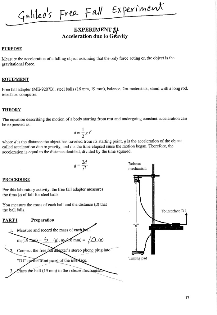 SOLVED: Fall Experiment: Galileo's Free Fall Experiment - Measuring ...