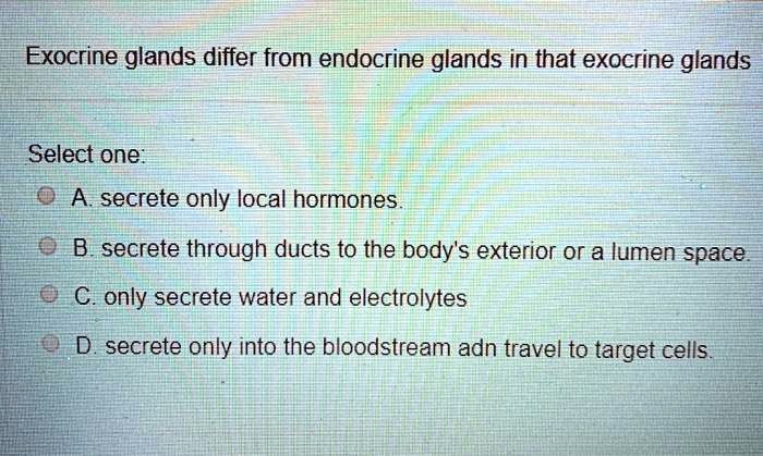 Exocrine glands differ from endocrine glands in that exocrine glands
Select one:
A. secrete only local hormones.
B. secrete through ducts to the body's exterior or a lumen space.
C. only secrete water and electrolytes
D. secrete only into the bloodstream adn travel to target cells.