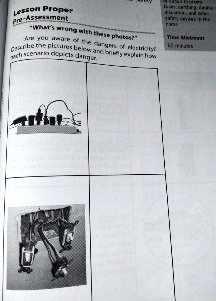 Lesson Proper
Pre-Assessment
"What's wrong with these photos?"
Are you aware of the dangers of electricity?
Describe the pictures below and briefly explain how
each scenario depicts danger.
of circuit breakers,
fuses, earthing, double
insulation, and other
safety devices in the
home
Time Allotment
60 minutes