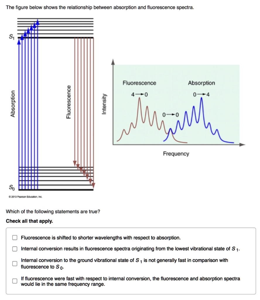 The figure below shows the relationship between absorption and fluorescence spectra.
Which of the following statements are true?
Check all that apply.
Fluorescence is shifted to shorter wavelengths with respect to absorption.
Internal conversion results in fluorescence spectra originating from the lowest vibrational state of S1.
Internal conversion to the ground vibrational state of S1 is not generally fast in comparison with fluorescence to S0.
If fluorescence were fast with respect to internal conversion, the fluorescence and absorption spectra would lie in the same frequency range.