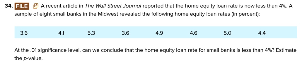 A recent article in The Wall Street Journal reported that the home equity loan rate is now less than 4%. A sample of eight small banks in the Midwest revealed the following home equity loan rates (in percent):
3.6 4.1 5.3 3.6 4.9 4.6 5.0 4.4
At the .01 significance level, can we conclude that the home equity loan rate for small banks is less than 4%? Estimate the p-value.