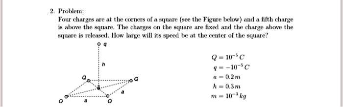 2. Problem:
Four charges are at the corners of a square (see the Figure below) and a fifth charge
is above the square. The charges on the square are fixed and the charge above the
square is released. How large will its speed be at the center of the square?
Q = 10^-5 C
q = -10^-5 C
a = 0.2 m
h = 0.3 m
m = 10^-3 kg