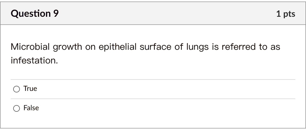 Microbial growth on epithelial surface of lungs is referred to as infestation.

True
False