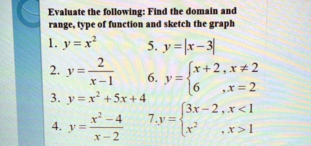 Solved Evaluate The Following Find The Domain And Range Type Of Function And Sketch The Graph 1 V R 5 Y L 3 2 2 V X 2 2 R 6 Y 16 2 3 J R Sr 4