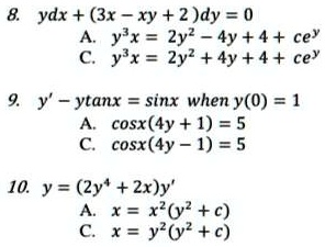 Solved Ydx 3x Xy 2 Dy 0 Yx Zy 4y 4 Cey Yx 2y2 4y 4 Cey Y Ytanx Sinx When Y 0 1 Cosx 4y