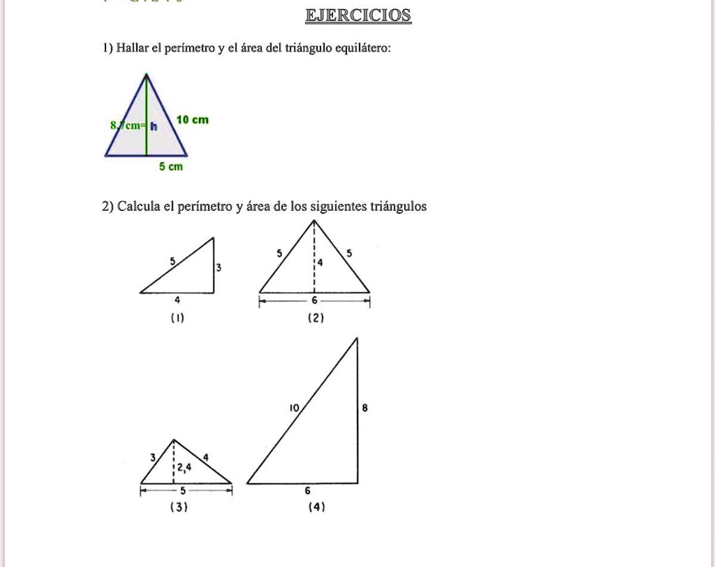 SOLVED: Calcular el area y perímetro de los siguientes triángulos ...