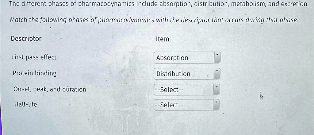 SOLVED: The different phases of pharmacodynamics include absorption ...