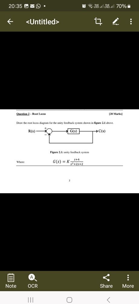 2035 vo lte1 vo lte2 70 untitled question 2 root locus 20 marks draw the root locus diagram for the unity feedback system shown in figure 21 above rs gs cs figure 21 unity feedback system wh 96678