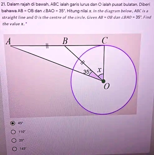 SOLVED: In the diagram below, ABC is a straight line and O is the ...