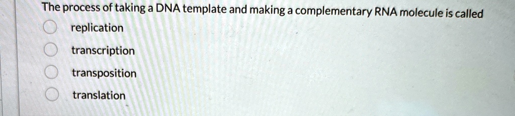The process of taking a DNA template and making a complementary RNA The process of taking a DNA template and making a complementary RNA