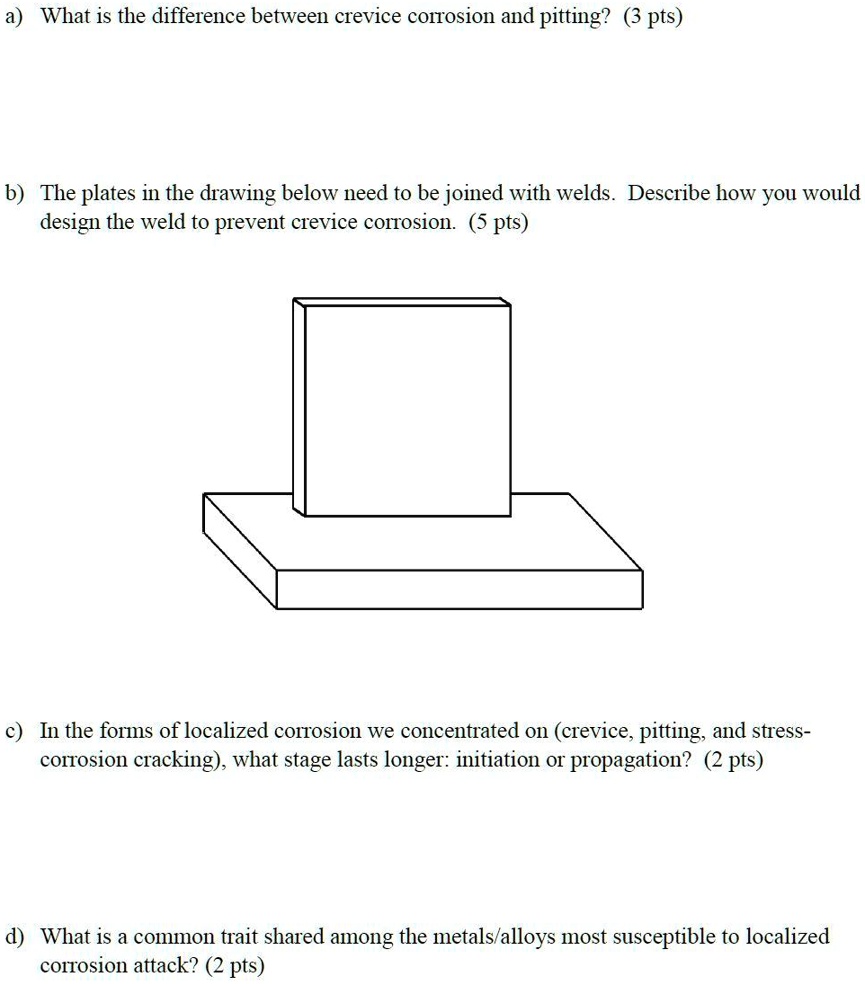 a) What is the difference between crevice corrosion and pitting? (3 pts)


b) The plates in the drawing below need to be joined with welds. Describe how you would design the weld to prevent crevice corrosion. (5 pts)


c) In the forms of localized corrosion we concentrated on (crevice, pitting, and stress-corrosion cracking), what stage lasts longer: initiation or propagation? (2 pts)


d) What is a common trait shared among the metals/alloys most susceptible to localized corrosion attack? (2 pts)