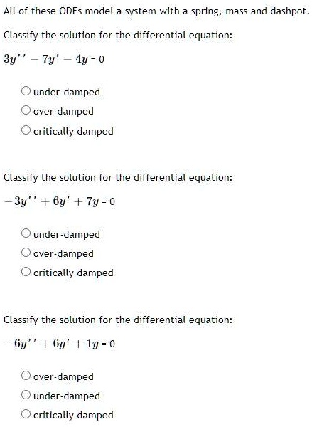 Solved All Of These Odes Model System With Spring Mass And Dashpot Classify The Solution For