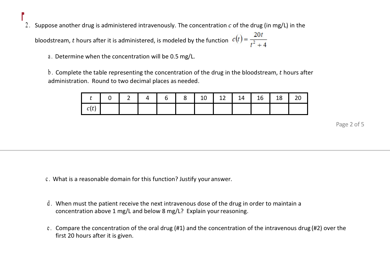 2. Suppose another drug is administered intravenously. The concentration c of the drug (in mg/L) in the bloodstream, t hours after it is administered, is modeled by the function c(t) = 20t / (t^2 + 4)
a. Determine when the concentration will be 0.5 mg/L.
b. Complete the table representing the concentration of the drug in the bloodstream, t hours after administration. Round to two decimal places as needed.

| t | 0 | 2 | 4 | 6 | 8 | 10 | 12 | 14 | 16 | 18 | 20 |
| :— | :— | :— | :— | :— | :— | :— | :— | :— | :— | :— | :— |
| c(t) | | | | | | | | | | | |

c. What is a reasonable domain for this function? Justify your answer.
d. When must the patient receive the next intravenous dose of the drug in order to maintain a concentration above 1 mg/L and below 8 mg/L? Explain your reasoning.
e. Compare the concentration of the oral drug (#1) and the concentration of the intravenous drug (#2) over the first 20 hours after it is given.