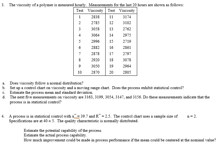 SOLVED: The viscosity of a polymer is measured hourly. Measurements for ...