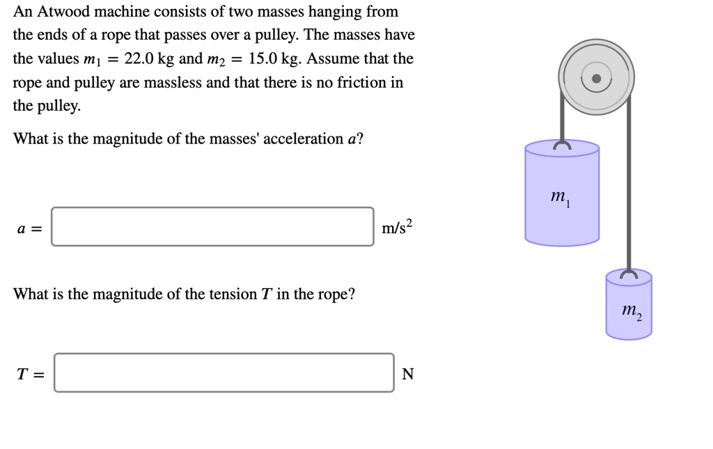An Atwood machine consists of two masses hanging from the ends of a rope that passes over a pulley. The masses have the values m1 = 22.0 kg and m2 = 15.0 kg. Assume that the rope and pulley are massless and that there is no friction in the pulley.
What is the magnitude of the masses' acceleration a?
a = m/s2
What is the magnitude of the tension T in the rope?
T = N