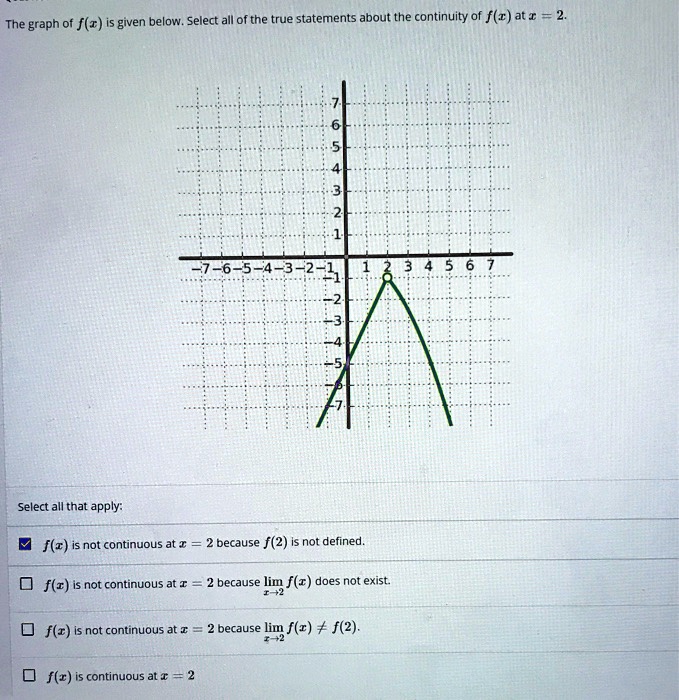 The graph of f(x) is given below. Select all of the true statements about the continuity of f(x) at x = 2.
Select all that apply:
f(x) is not continuous at x = 2 because f(2) is not defined.
f(x) is not continuous at x = 2 because lim x->2 f(x) does not exist.
f(x) is not continuous at x = 2 because lim x->2 f(x) != f(2).
f(x) is continuous at x = 2
