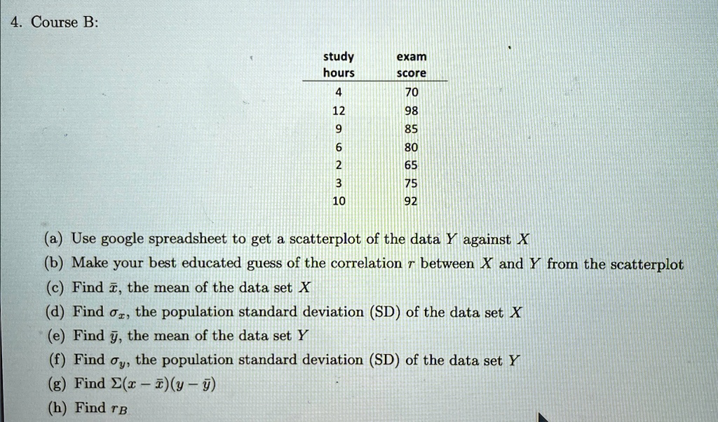course b tabletablestudyhourstableexamscore47012989856802653751092 a use google spreadsheet to get a scatterplot of the data y against x b make your best educated guess of the correlation r  72388