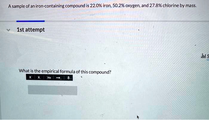 A sample of an iron-containing compound is 22.0% iron, 50.2% oxygen, and 27.8% chlorine by mass. What is the empirical formula of this compound?