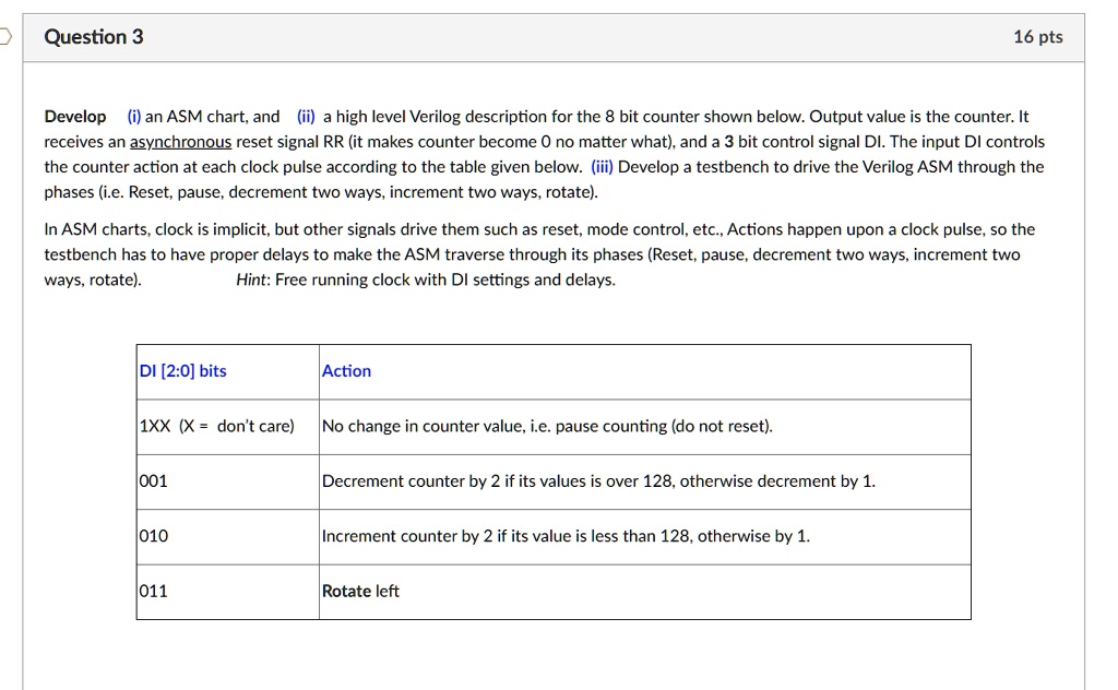 Question 3 16 pts Develop (i) an ASM chart, and (ii) a high-level ...