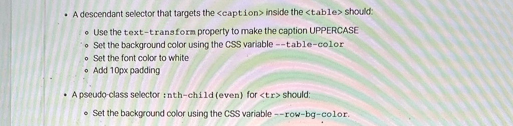 a descendant selector that targets the caption inside the table should use the text transform property to make the caption uppercase set the background color using the css variable table col 65487