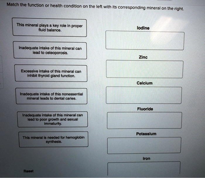 Match the function or health condition on the left with its corresponding mineral on the right.
This mineral plays a key role in proper fluid balance.
Inadequate intake of this mineral can lead to osteoporosis.
Excessive intake of this mineral can inhibit thyroid gland function.
Inadequate intake of this nonessential mineral leads to dental caries.
Inadequate intake of this mineral can lead to poor growth and sexual immaturity.
This mineral is needed for hemoglobin synthesis.
Iodine
Zinc
Calcium
Fluoride
Potassium
Iron