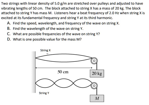 Two strings with linear density of 5.0 g/m are stretched over pulleys and adjusted to have vibrating lengths of 50 cm. The block attached to string X has a mass of 20 kg. The block attached to string Y has mass M. Listeners hear a beat frequency of 2.0 Hz when string X is excited at its fundamental frequency and string Y at its third harmonic.
A. Find the speed, wavelength, and frequency of the wave on string X.
B. Find the wavelength of the wave on string Y.
C. What are possible frequencies of the wave on string Y?
D. What is one possible value for the mass M?
String X
50 cm
20 kg
String Y
M