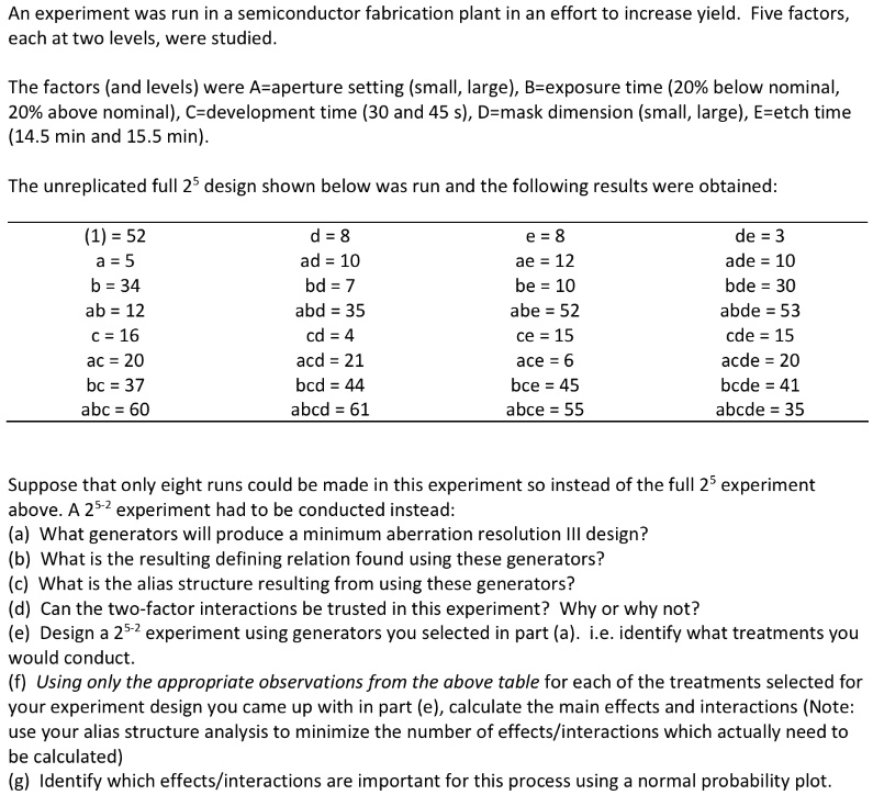 SOLVED: An experiment was run in a semiconductor fabrication plant in ...