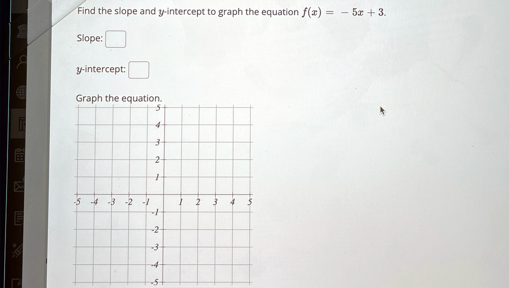 Find the slope and y-intercept to graph the equation f(x) = -5x + 3.
Slope:
y-intercept:
Graph the equation.
5
4
3
2
1
-5 -4 -3 -2 -1
1 2 3 4 5
-1
-2
-3
-4
-5