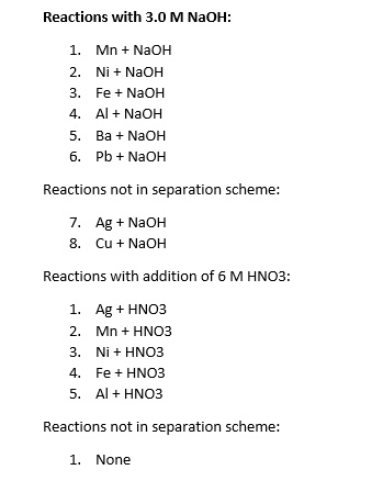 SOLVED: Reactions with 3.0 MNaOH: Mn NaOH NaOH Fe + NaOH Al + NaOH NaOH ...