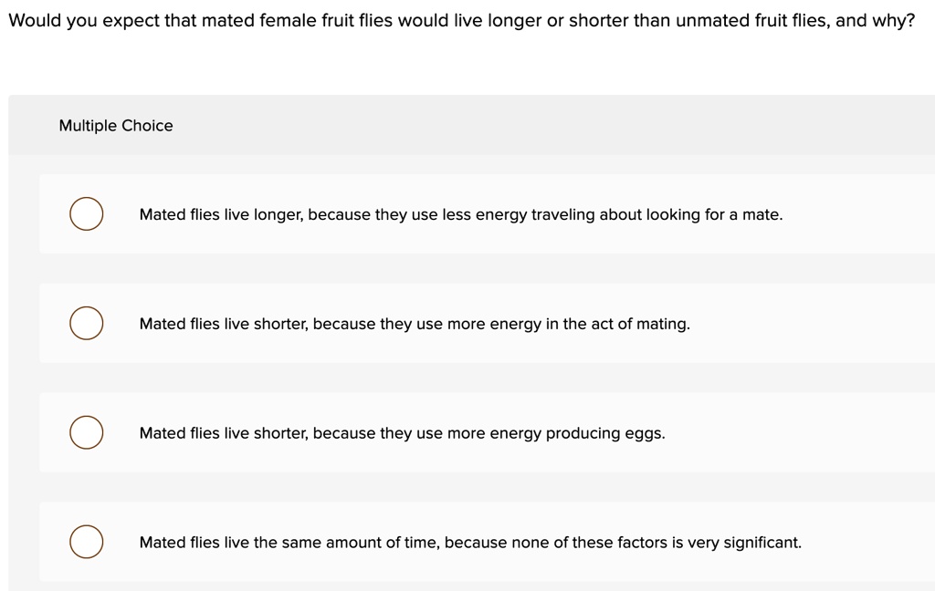 Would you expect that mated female fruit flies would live longer or shorter than unmated fruit flies, and why?
Multiple Choice
Mated flies live longer, because they use less energy traveling about looking for a mate.
Mated flies live shorter, because they use more energy in the act of mating.
Mated flies live shorter, because they use more energy producing eggs.
Mated flies live the same amount of time, because none of these factors is very significant.